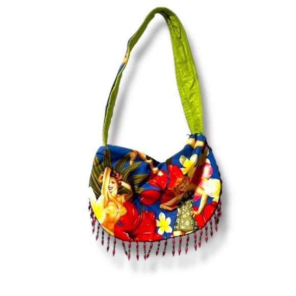 Handmade Hawaiian Aloha Pinup Girl Floral Purse Vintage Beaded Shoulder Bag - Picture 3 of 16